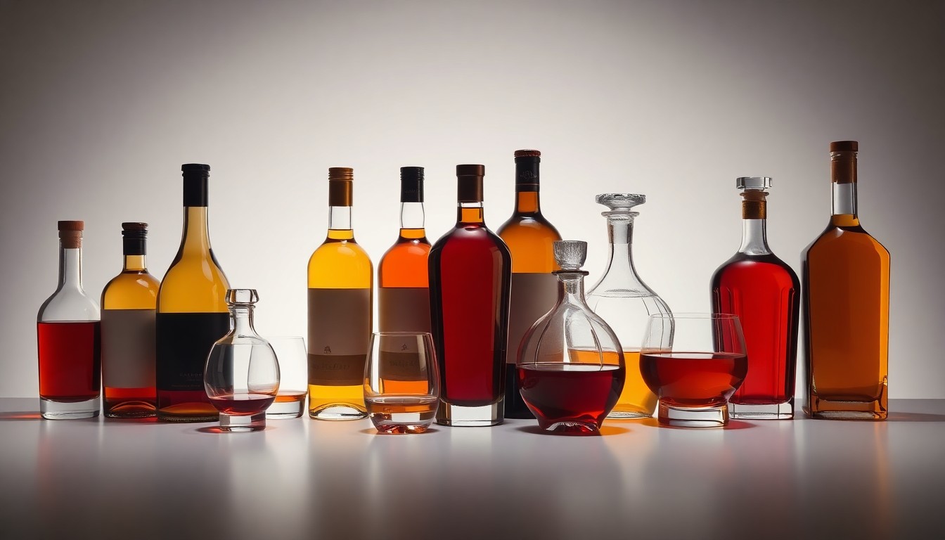 A high-end, photorealistic studio still-life photograph featuring a collection of premium glass bottles and decanters in various shades of amber, arranged elegantly on a clean, monochromatic background using dramatic studio lighting to symbolize the disconnect between digital discovery and physical sales of alcoholic beverages.