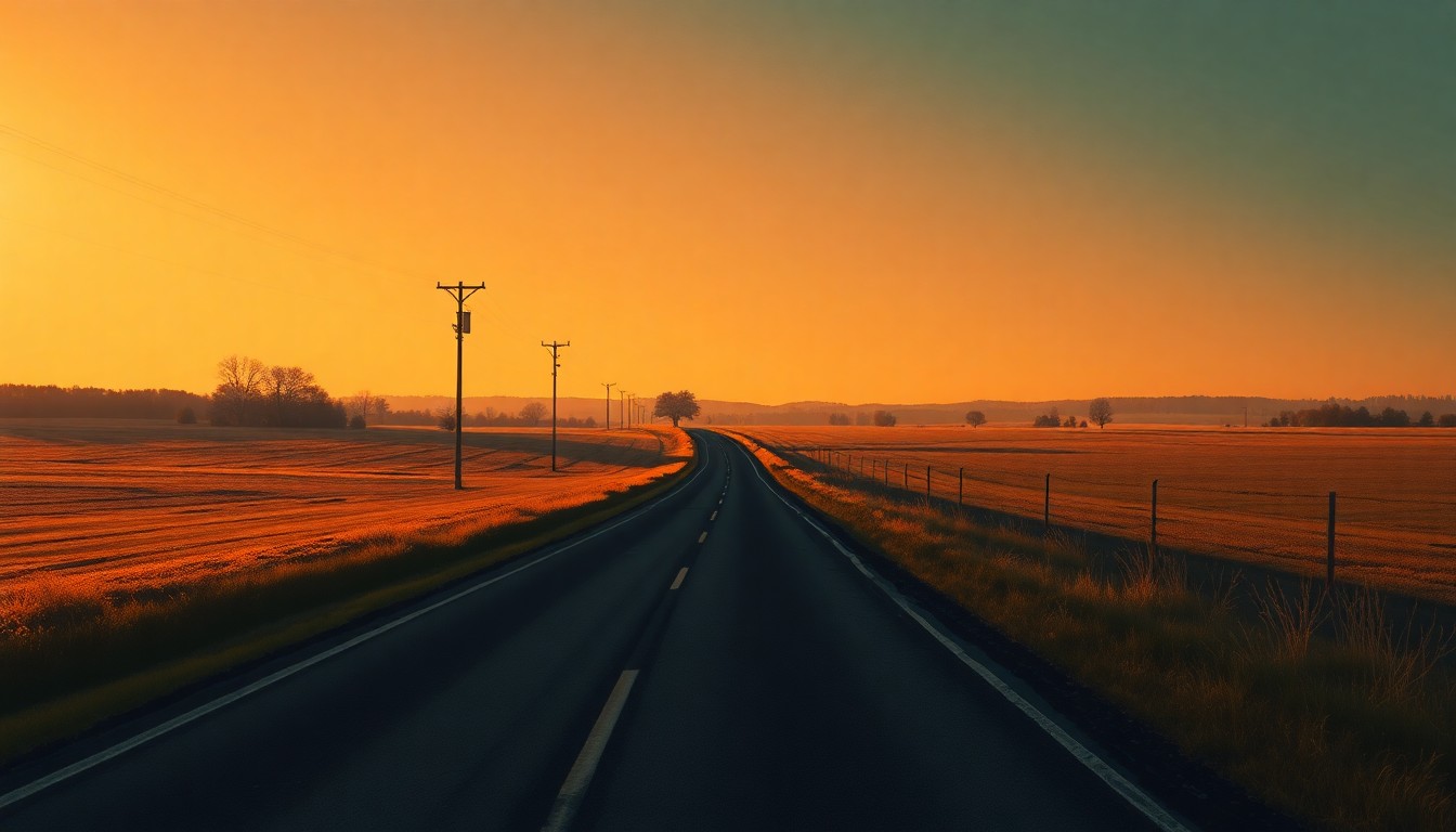 A serene, painterly landscape depicting a winding rural road cutting through rolling hills, with the scene bathed in warm, dramatic lighting that casts long shadows, conveying a sense of quiet contemplation about the importance of infrastructure to a community's future.