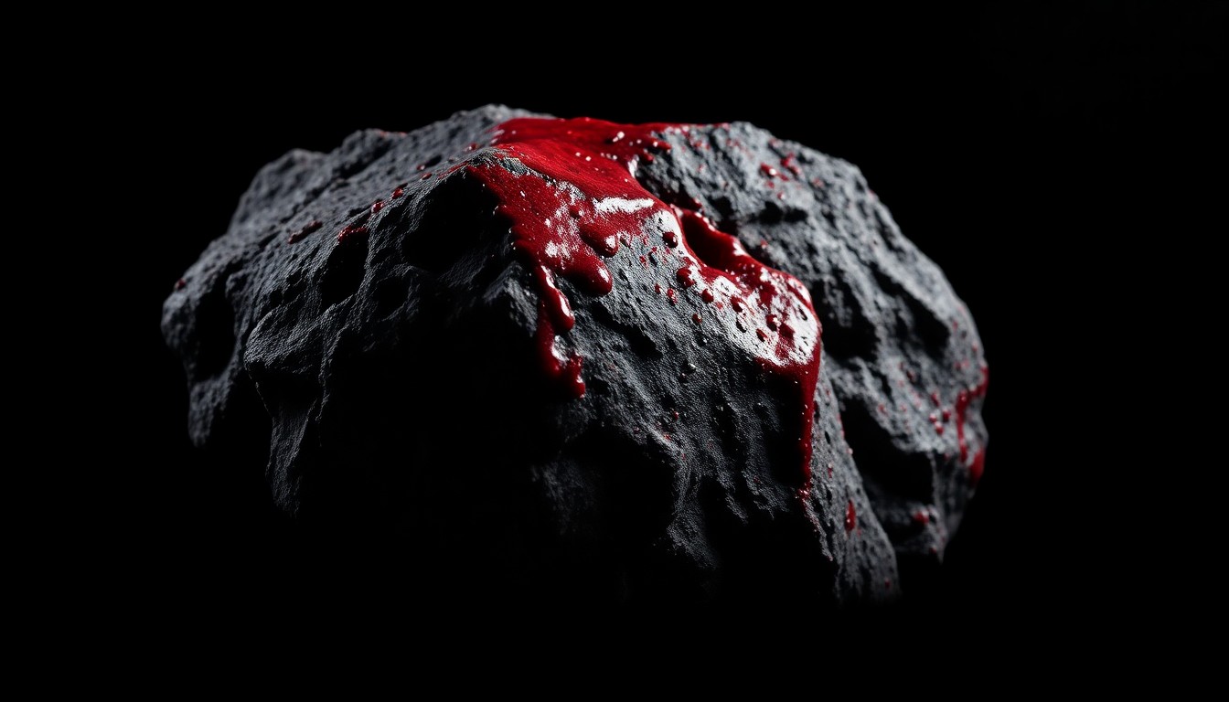 An extreme close-up of a bloodied rock, its rough texture and sharp edges emphasized by dramatic lighting, conceptually representing the violence at the heart of this case.