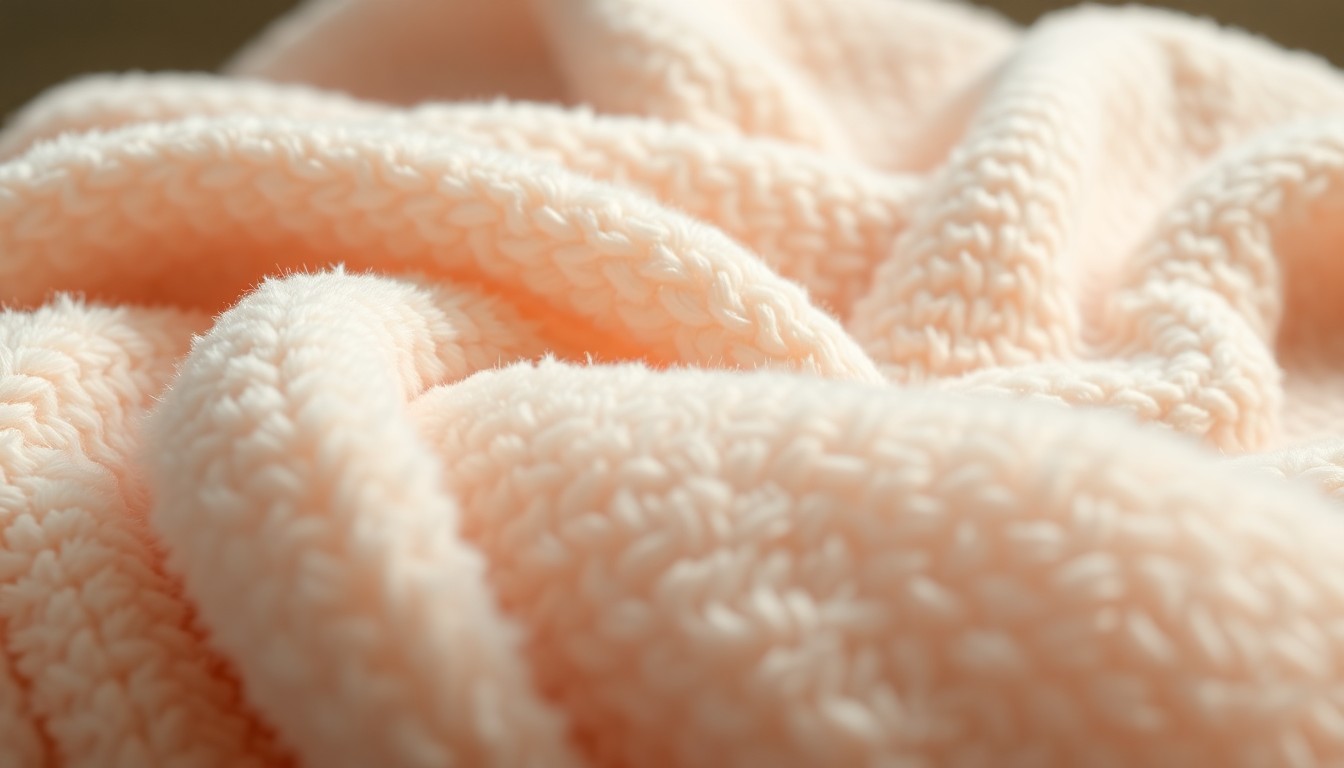 An extreme close-up of a plush, textured baby blanket in a soft pink hue, the fabric glowing under dramatic studio lighting to create a sense of warmth and intimacy.