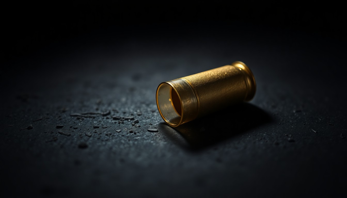 An extreme close-up photograph of a single spent shell casing on a dark, textured surface, lit by a harsh, direct camera flash, conceptually representing the aftermath of a domestic violence shooting.