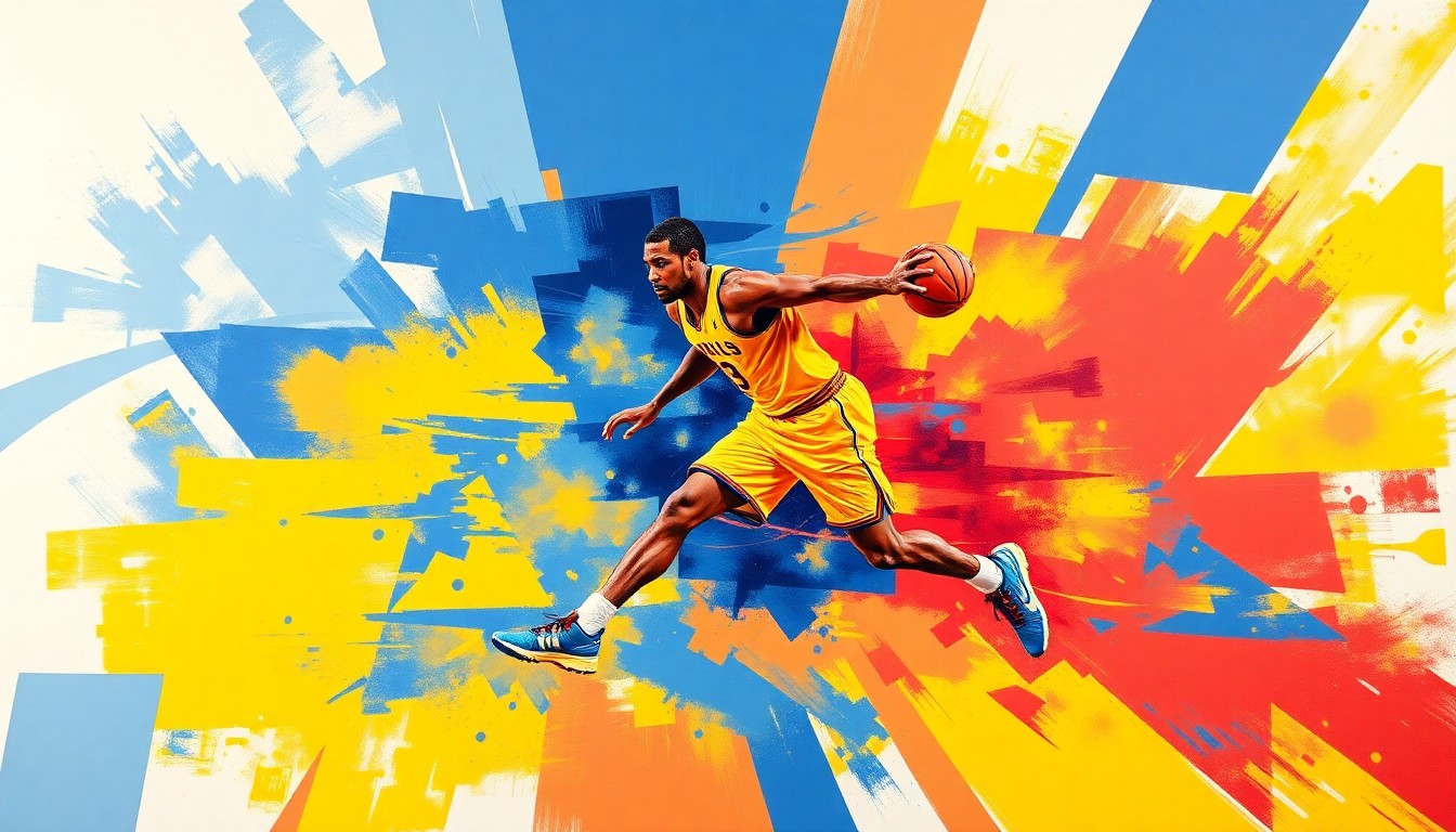 An abstract, avant-garde painting featuring a basketball player's form repeated in overlapping, geometric waves of vibrant blue, yellow, and red, conveying the speed and energy of the game.