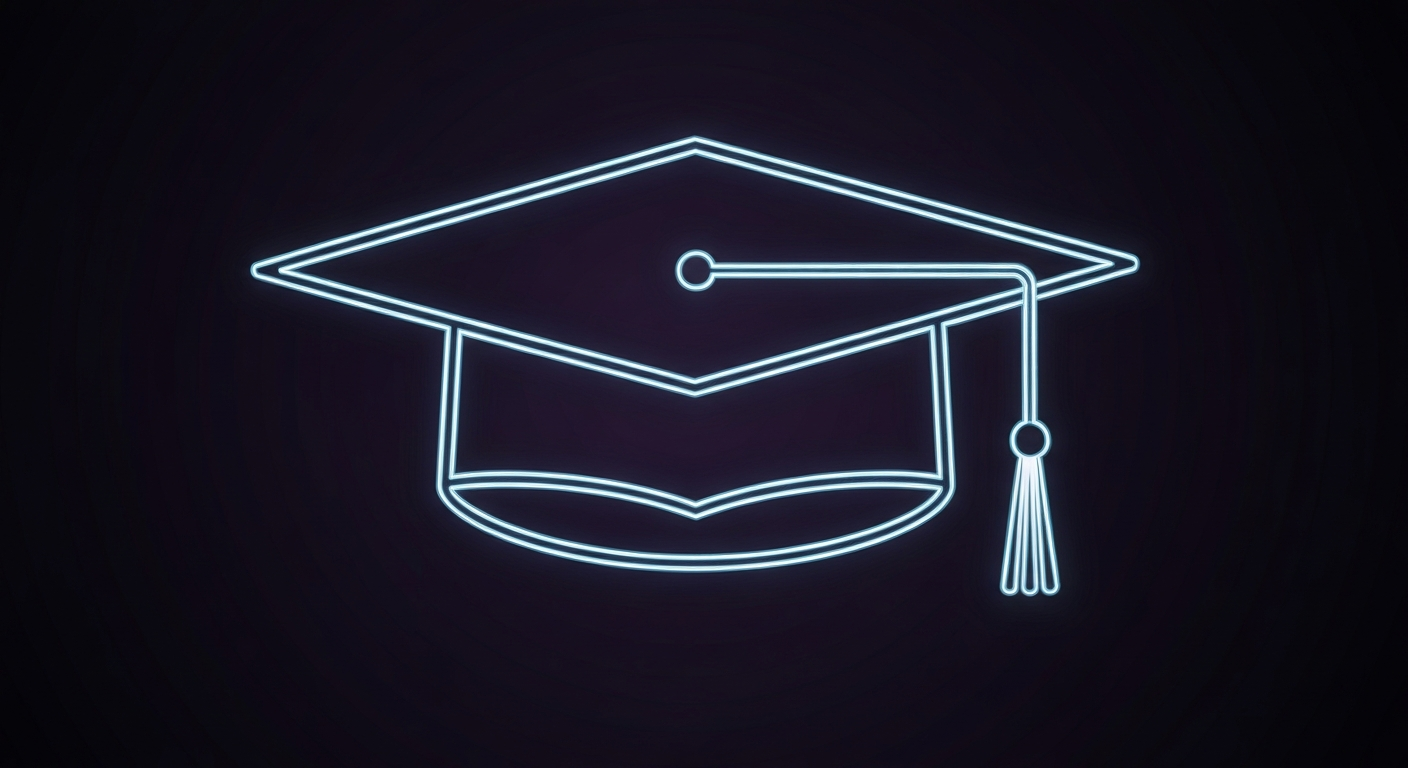 A glowing neon outline of a graduation cap, representing academic leadership and the mission of an academic medical center.