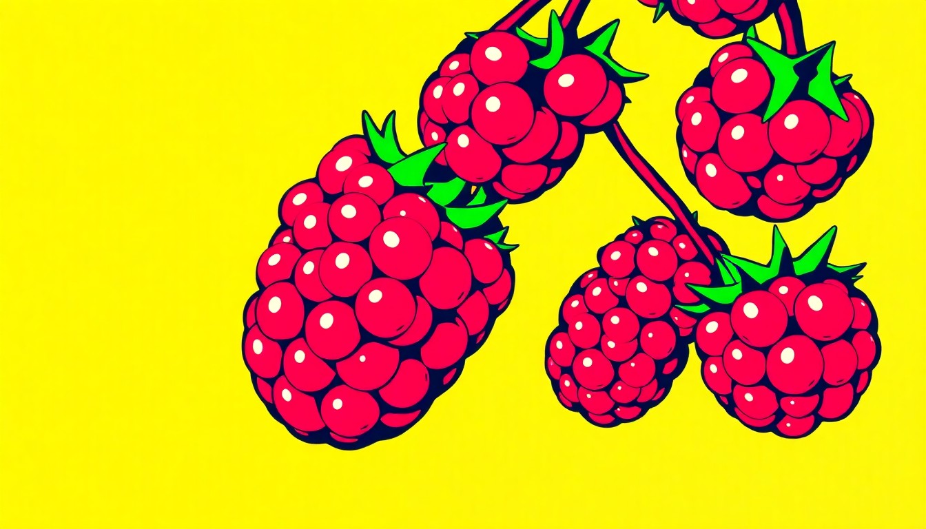 A bold, colorful silkscreen illustration featuring a repeating grid of stylized honeyberries in bright neon hues, conceptually representing the innovative student-made product.