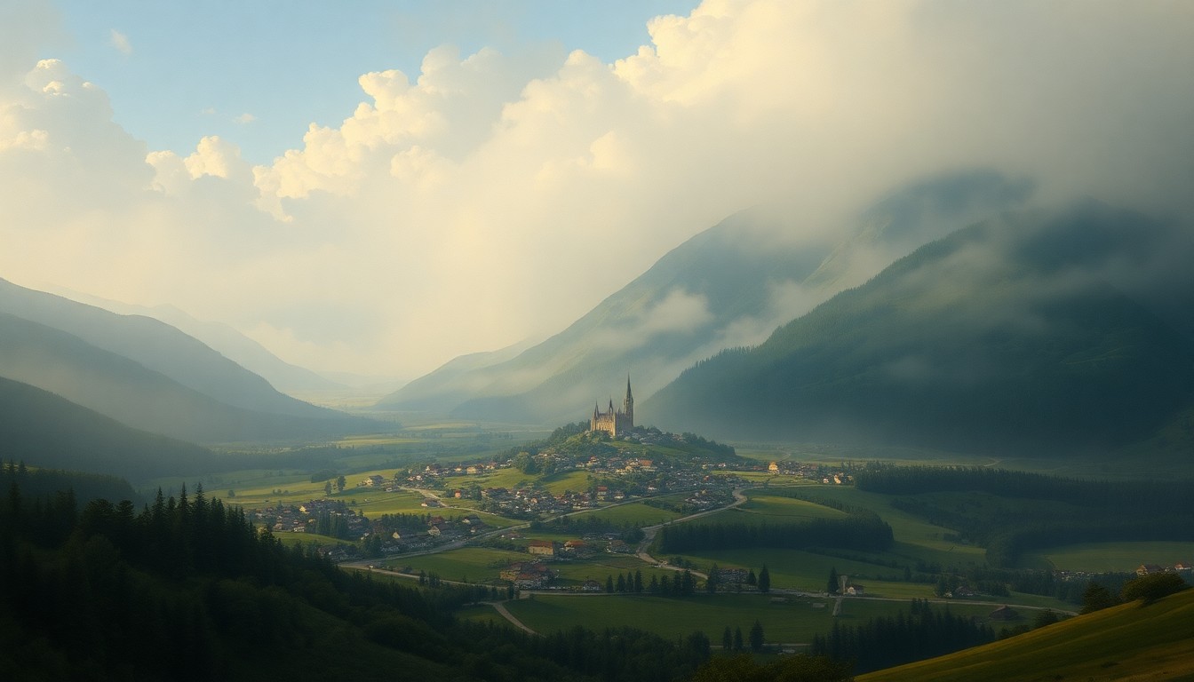 A sweeping, atmospheric landscape painting depicting a small rural town nestled in a vast, misty valley, with the town's buildings and infrastructure dwarfed by the overwhelming scale of the natural environment, conveying a sense of the community's vulnerability to the forces of nature.