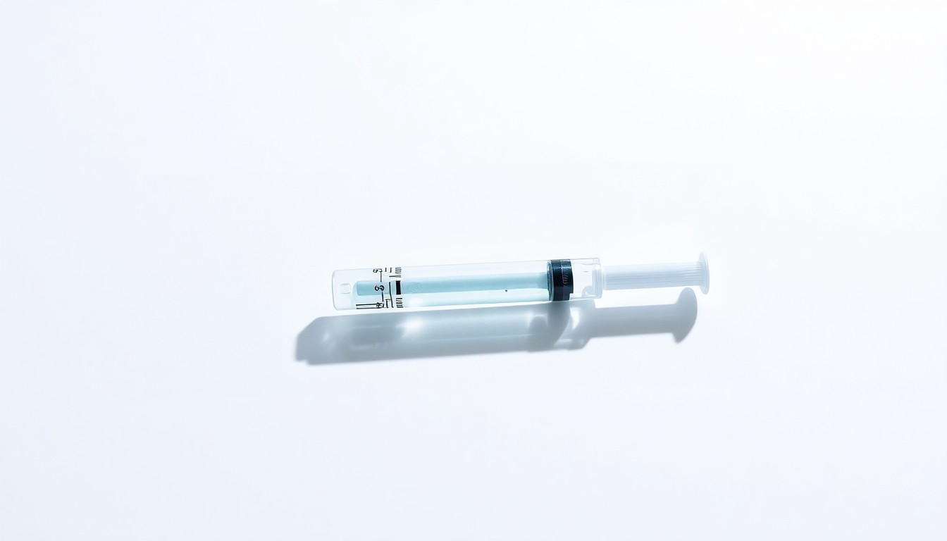 A close-up photograph of a single syringe filled with a clear liquid, resting on a plain white background. The syringe is the sole focus, casting a sharp shadow and using dramatic lighting to symbolize the high stakes and scrutiny surrounding the development of a COVID-19 vaccine.