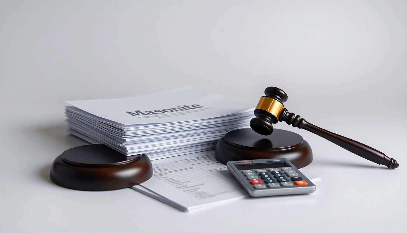 A photorealistic studio still-life featuring a stack of legal documents, a gavel, and a calculator on a clean, monochromatic background, conceptually representing the legal and financial implications of the Masonite shareholder case.