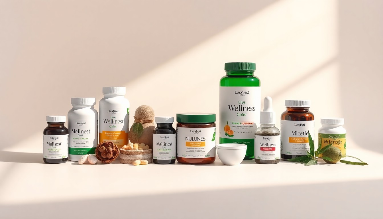A minimalist, photorealistic studio still life featuring a collection of premium natural health supplements and wellness products arranged elegantly on a clean, monochromatic background, conceptually representing the quality and innovation of Designs for Health's product line.