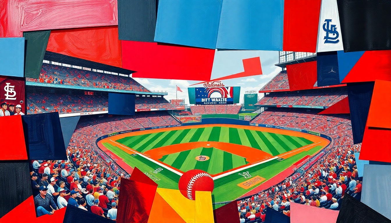 A fragmented, geometric painting depicting a baseball game, with sharp planes of color representing the players and action on the field.