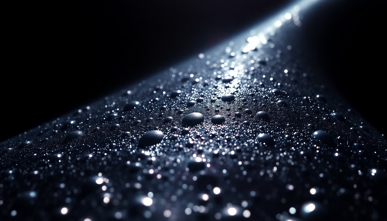 An abstract close-up photograph featuring dramatic, high-contrast lighting on a shiny, metallic surface, conveying a sense of futuristic technology and visual intrigue.