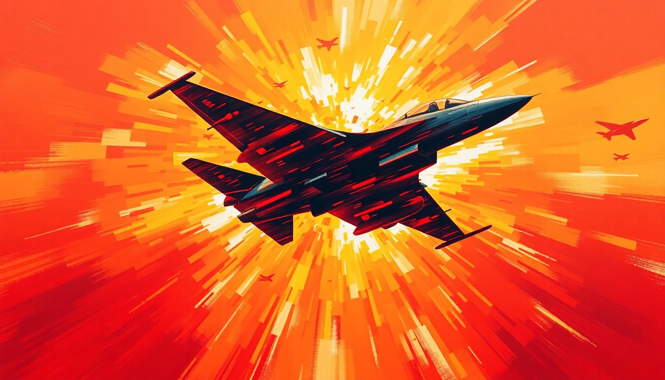 A dynamic, abstract painting of a military jet in flight, its silhouette repeated and overlapping in waves of vibrant red, orange, and yellow hues, conveying the speed and chaos of modern warfare.
