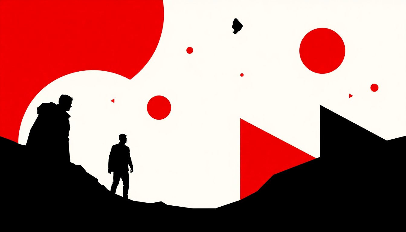 An abstract composition of bold, jagged black silhouettes and high-contrast geometric shapes in shades of red, white, and black, conceptually representing the themes of personal transformation and the search for escape in a film.