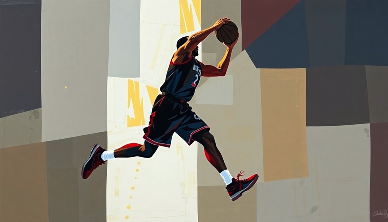 A cubist-style painting featuring fragmented geometric shapes in shades of auburn, navy, and gold, conceptually representing the movement and silhouette of a basketball player.