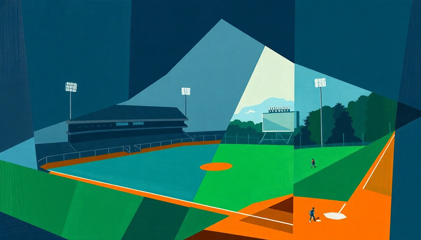 A cubist, fragmented painting in shades of blue, green, and orange, depicting the action and energy of a high school baseball game through sharp, overlapping geometric shapes and planes.