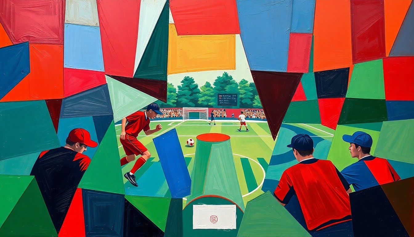 A fragmented, geometric painting depicting the motion and energy of a high school sports competition, with sharp planes of color representing the various perspectives and actions on the field or court.