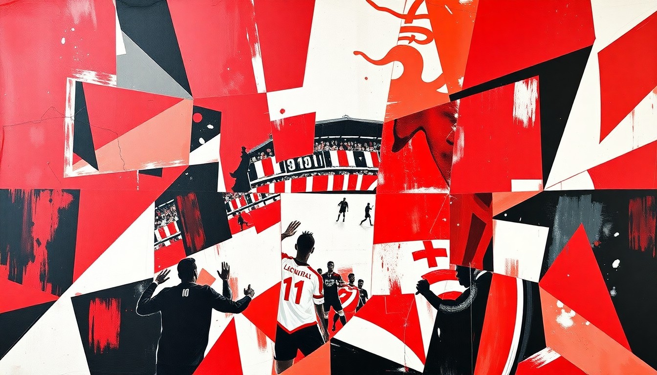 A cubist, geometric painting depicting a Lincoln City FC match or celebration, with the team's colors of red, white, and black broken down into sharp, overlapping planes and shapes.