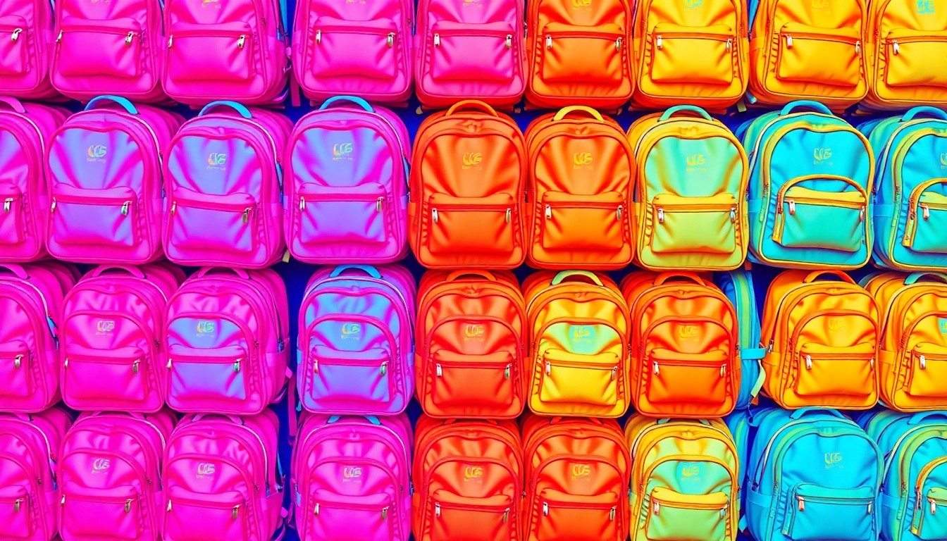 A bold, graphic illustration featuring a repeating pattern of children's backpacks in bright neon colors, conceptually representing the importance of accessible before- and after-school care programs.