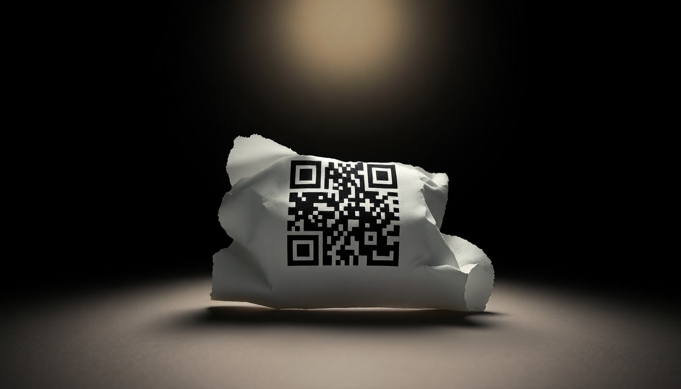 An extreme close-up photograph of a crumpled, torn piece of paper with a QR code, lit by a harsh, direct camera flash against a pitch-black background, conceptually representing the fraudulent tactics used in deepfake investment scams.