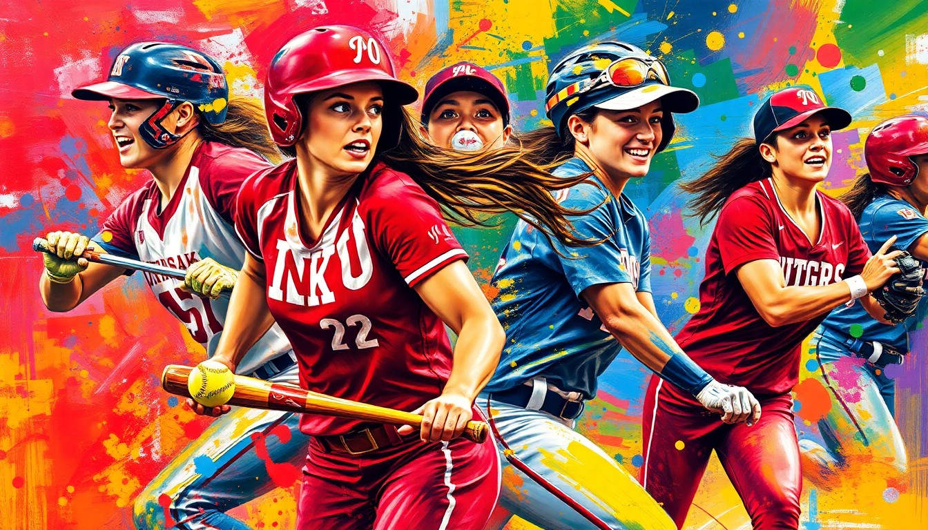 An abstract, energetic painting featuring bold, neon-colored brushstrokes that capture the dynamic motion and intensity of a college softball game, with the players' forms and equipment dissolving into vibrant splashes of color.