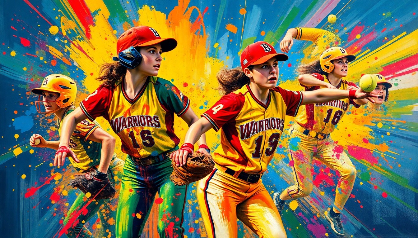 An abstract, expressionist painting in vibrant neon colors depicting the dynamic movements and energy of a softball game, with players' forms dissolving into colorful brushstrokes.