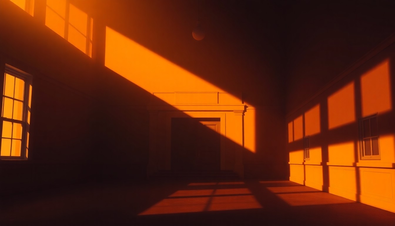 A dimly lit, cinematic painting of a government office or political building, with warm light streaming through the windows and deep shadows cast across the scene, conveying a sense of quiet contemplation and unresolved tension around the ongoing trade negotiations.