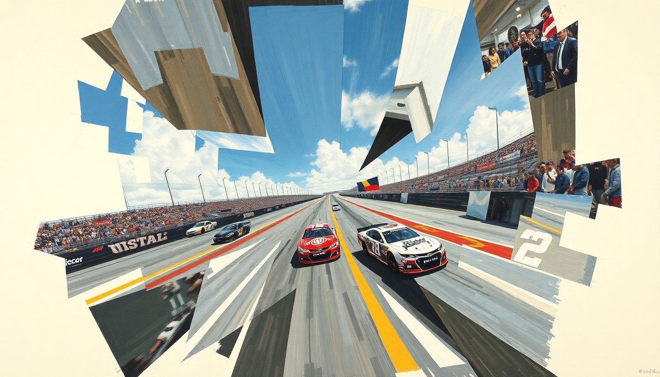 A cubist, geometric painting depicting the fragmented elements of a NASCAR race, with sharp, overlapping planes of color and form representing the uncertainty surrounding Alex Bowman's career.