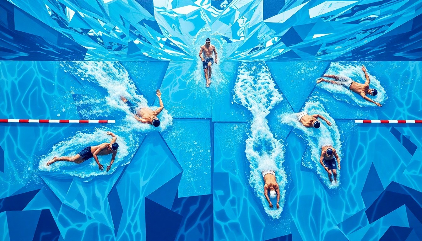 A cubist, geometric painting depicting the dynamic movements of swimmers in a high school swimming competition, with the water and foam broken down into sharp, overlapping planes of blue and white.