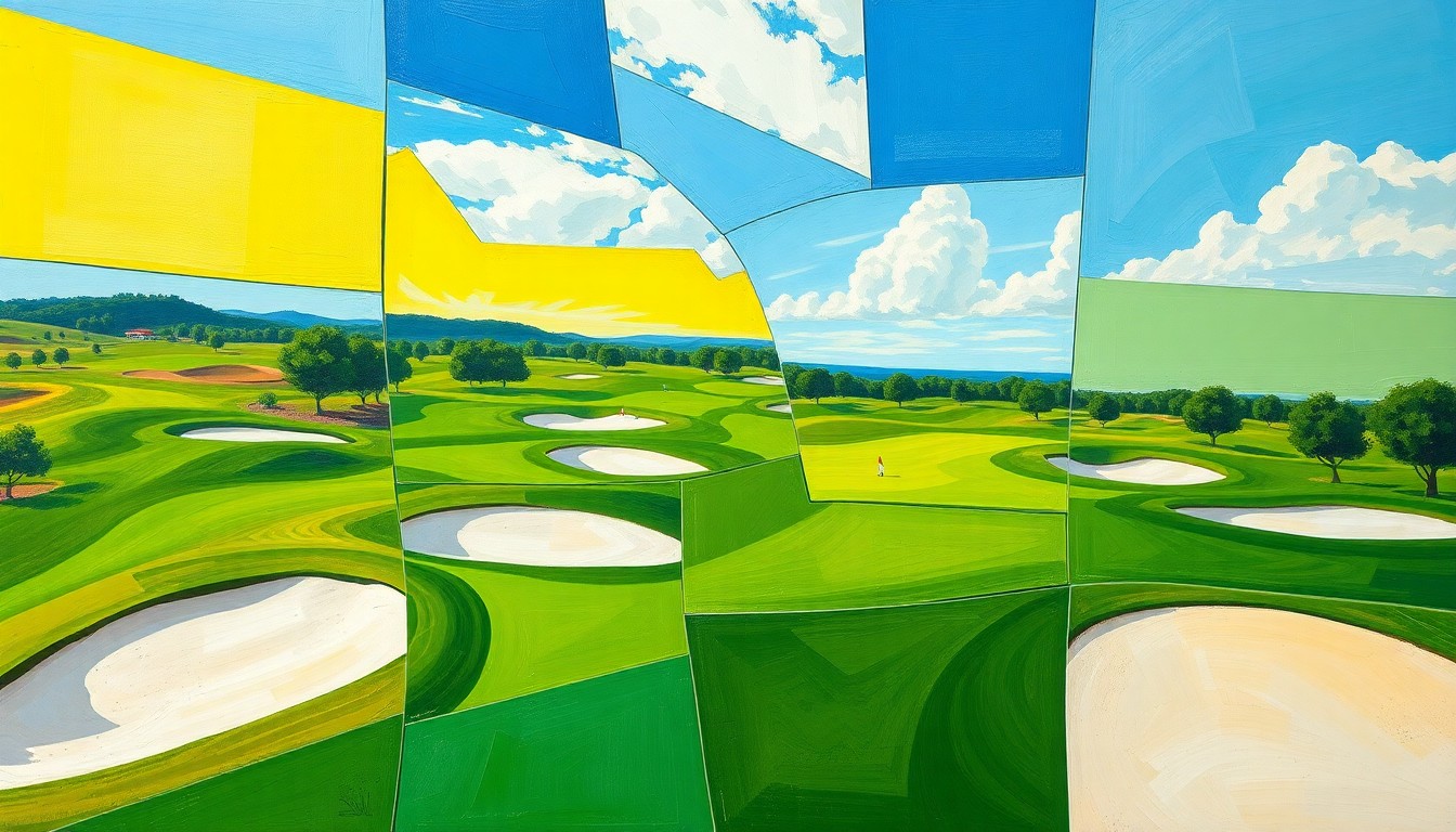 A fractured, cubist-style painting depicting the geometric shapes and planes of a golf course, with fairways, sand traps, and sky rendered in an abstract, deconstructed manner.