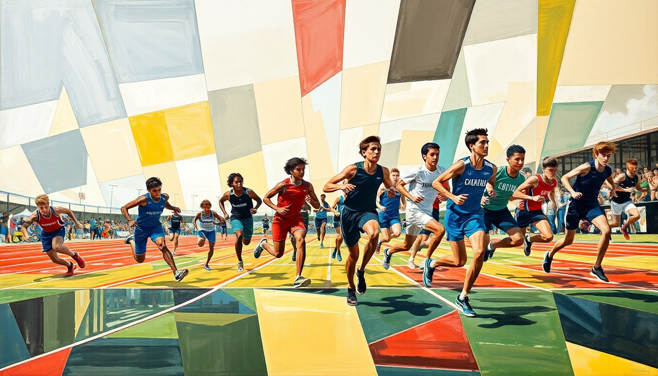 A fragmented, geometric painting depicting athletes in motion at a high school track and field competition, with sharp, overlapping planes of color and form.