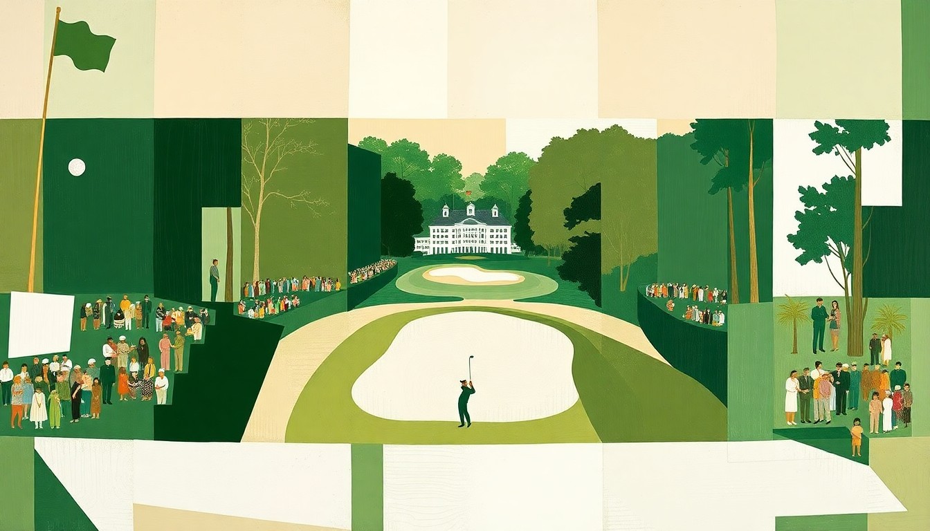 A fractured, cubist-style painting depicting an abstract golf scene with sharp geometric shapes in shades of green, white, and tan, conveying the energy and complexity of the Masters Tournament.