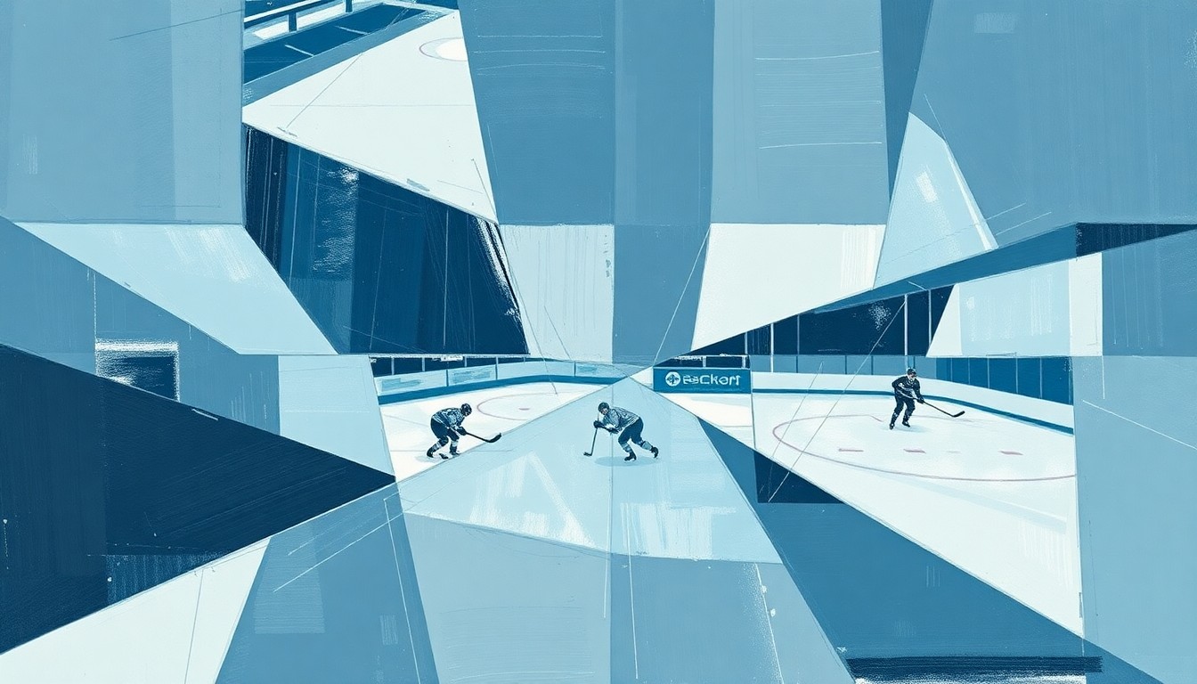 A cubist, multi-perspective painting depicting a hockey game broken down into sharp, overlapping geometric planes in muted shades of blue, grey, and white, conveying a sense of discord and tension.