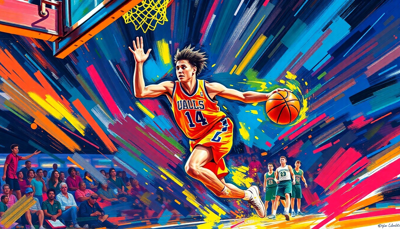 An abstract expressionist painting in neon colors depicting the explosive movement and energy of a basketball player driving to the hoop, capturing the raw athleticism of the sport.