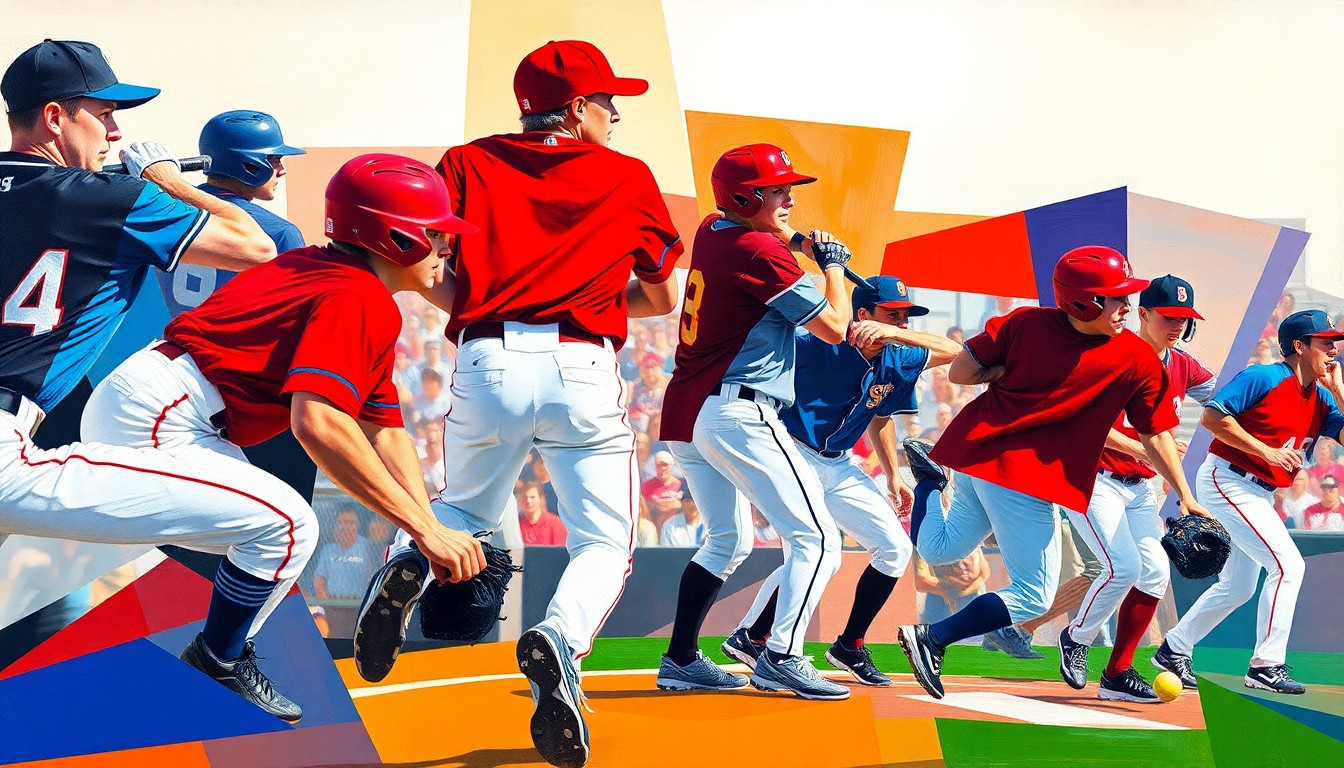 A cubist, geometric painting featuring abstracted baseball players in dynamic, overlapping shapes and vibrant team colors, capturing the energy and competitive spirit of the upcoming high school tournament.