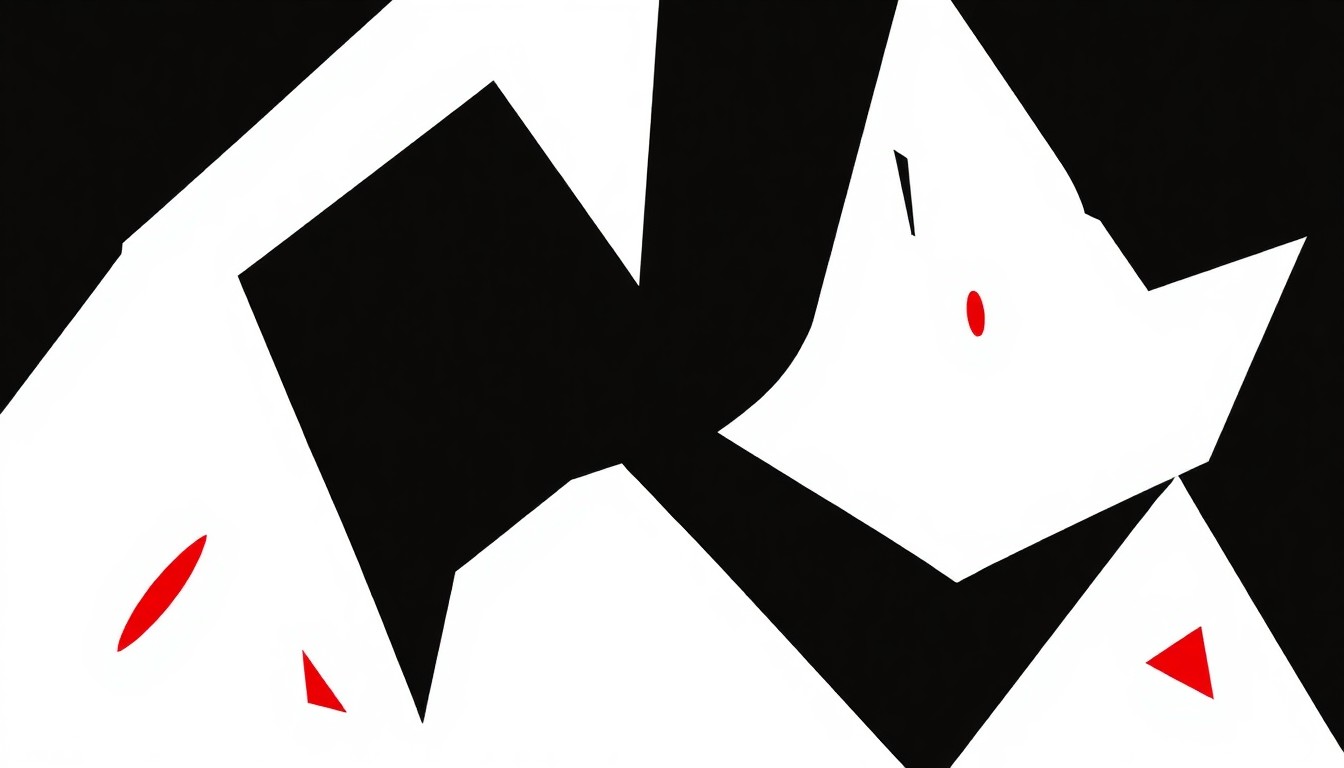 An abstract composition of bold, angular black shapes against a bright red background, conceptually representing the diverse range of international films featured at the Minneapolis festival.