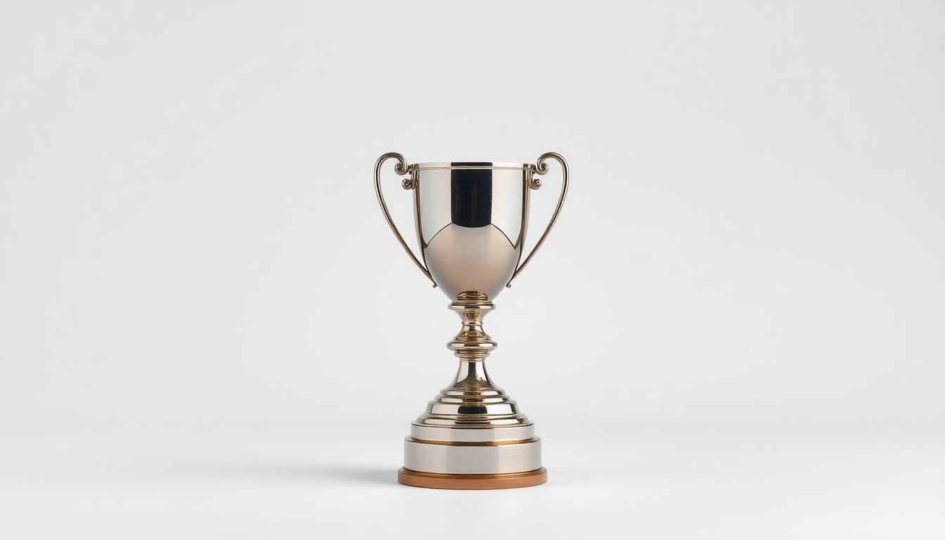 A photorealistic studio still life featuring a polished metal trophy or award on a clean, minimalist background, symbolizing the recognition of rural community development initiatives.