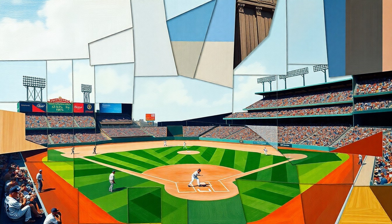 A cubist, geometric painting depicting the abstracted shapes and planes of a baseball game, with players and the field broken down into bold, angular forms in a vibrant color palette.
