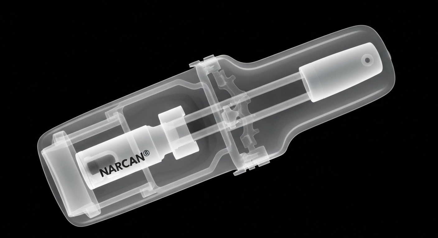 A translucent, ghostly X-ray photograph showing the internal structure of a NARCAN® Nasal Spray device, its components glowing against a dark background, conceptually illustrating the critical importance of this medical technology in addressing the opioid crisis.
