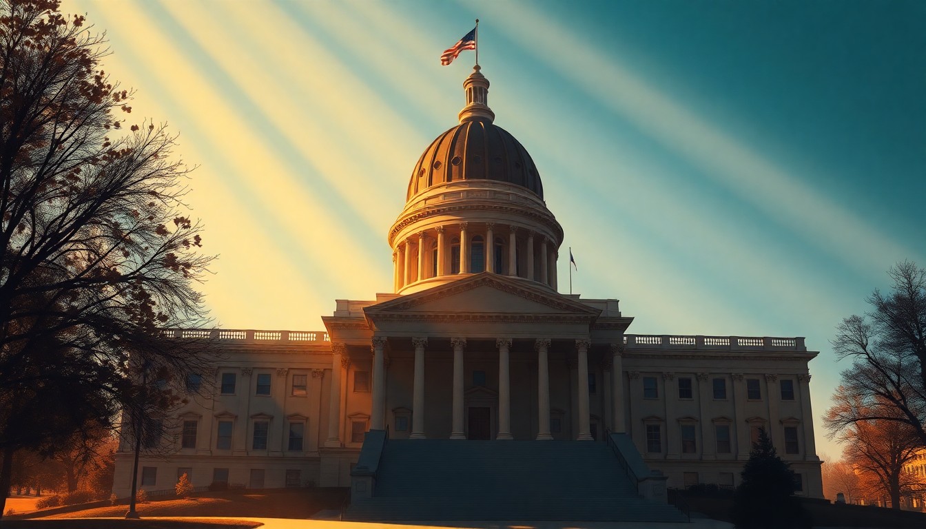 A serene, cinematic painting of the Wisconsin State Capitol building, its grand architecture and dome bathed in warm, golden light and deep shadows, conveying a sense of political history and tension.