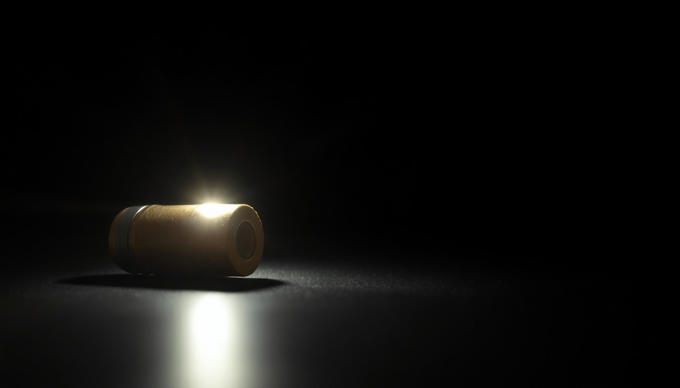 An extreme close-up photograph of a single spent bullet casing on a dark background, lit by a harsh, direct camera flash, conceptually representing the aftermath of gun violence.