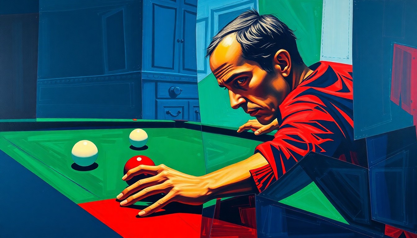 A fragmented, geometric painting depicting the dynamic movements and intense focus of a pool player, rendered in a vibrant color palette of blues, greens, and reds.
