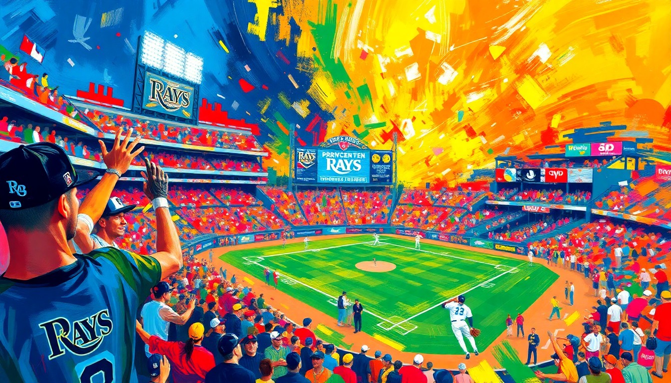 A vibrant, expressionist painting featuring bold, sweeping brushstrokes in neon shades of blue, orange, and green, capturing the dynamic energy and celebratory mood of a baseball game at Tropicana Field.