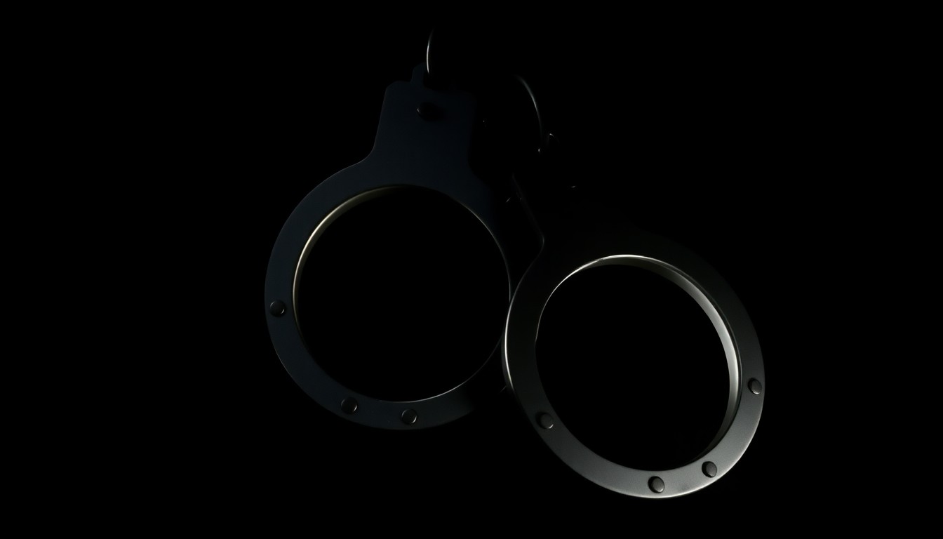 An extreme close-up photograph of a pair of handcuffs on a dark background, lit by a harsh, direct camera flash, conceptually illustrating the challenges of maintaining secure custody of offenders.