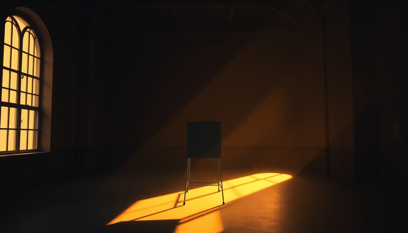 A dimly lit, empty voting booth with a single chair, the space bathed in warm, diagonal sunlight and deep shadows, conceptually illustrating the importance of local elections.