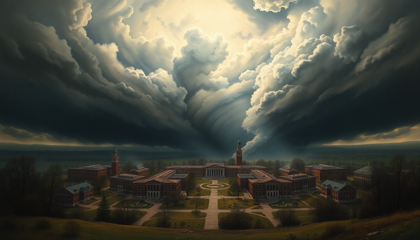 A dramatic landscape painting in muted tones of grey, blue, and green, depicting a tornado-ravaged campus under a heavy, ominous sky. The scene uses deep atmospheric perspective and dramatic backlighting to convey the overwhelming scale and power of the natural disaster, with any remaining campus structures dwarfed by the sweeping, turbulent weather.