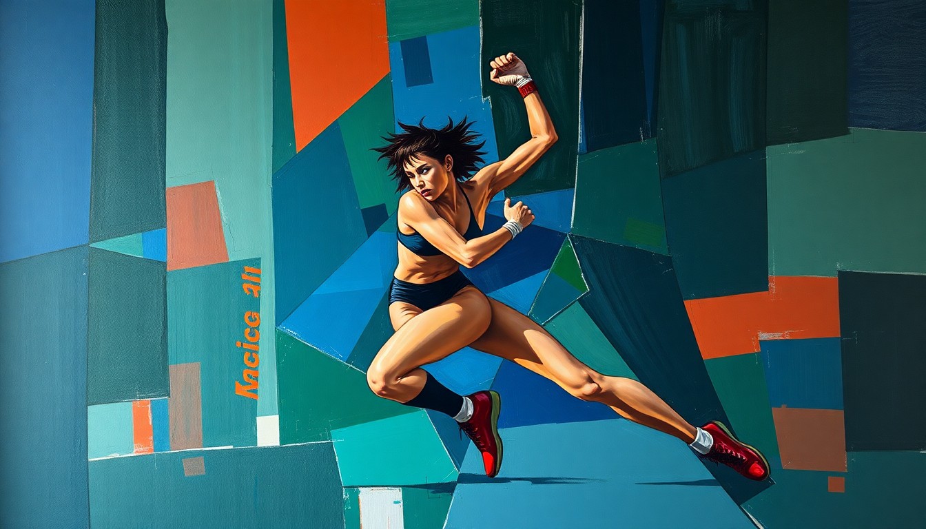 A cubist-style painting depicting a female wrestler in mid-motion, with her body broken down into sharp, overlapping geometric shapes in a palette of deep blues, greens, and reds, conveying the raw power and energy of the sport.