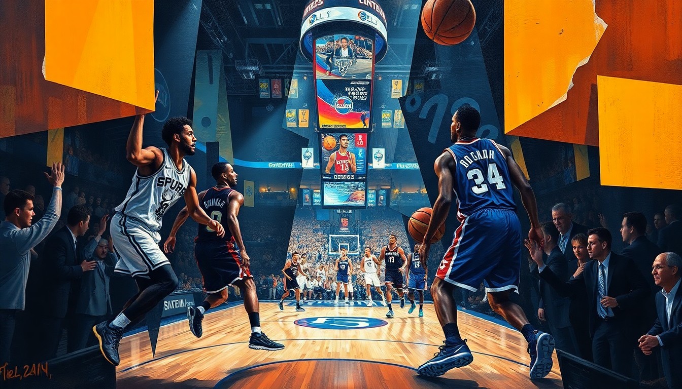 A fractured, geometric painting depicting a basketball game, with the players' forms broken down into abstract shapes and the court fading into the background, conveying the uncertainty and disruption caused by an injury to a key player.