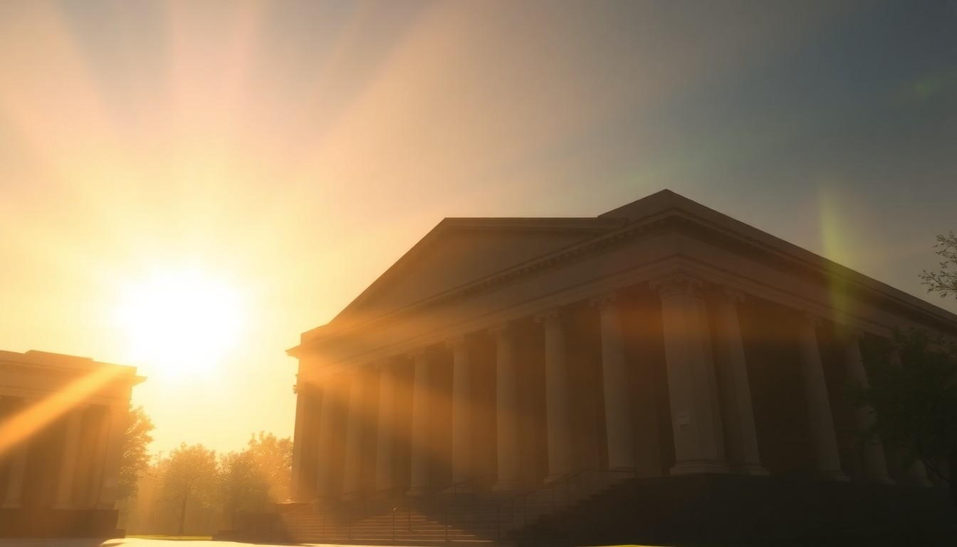A photorealistic painting of a government building in warm, golden light, with deep shadows casting across the facade, conveying a sense of civic duty and responsibility.