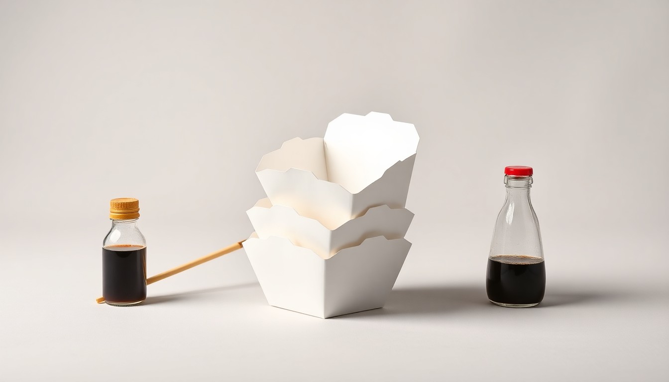 A photorealistic studio still life featuring a stack of white paper takeout containers, wooden chopsticks, and a small glass bottle of soy sauce, conceptually representing the closure of a local dumpling restaurant.