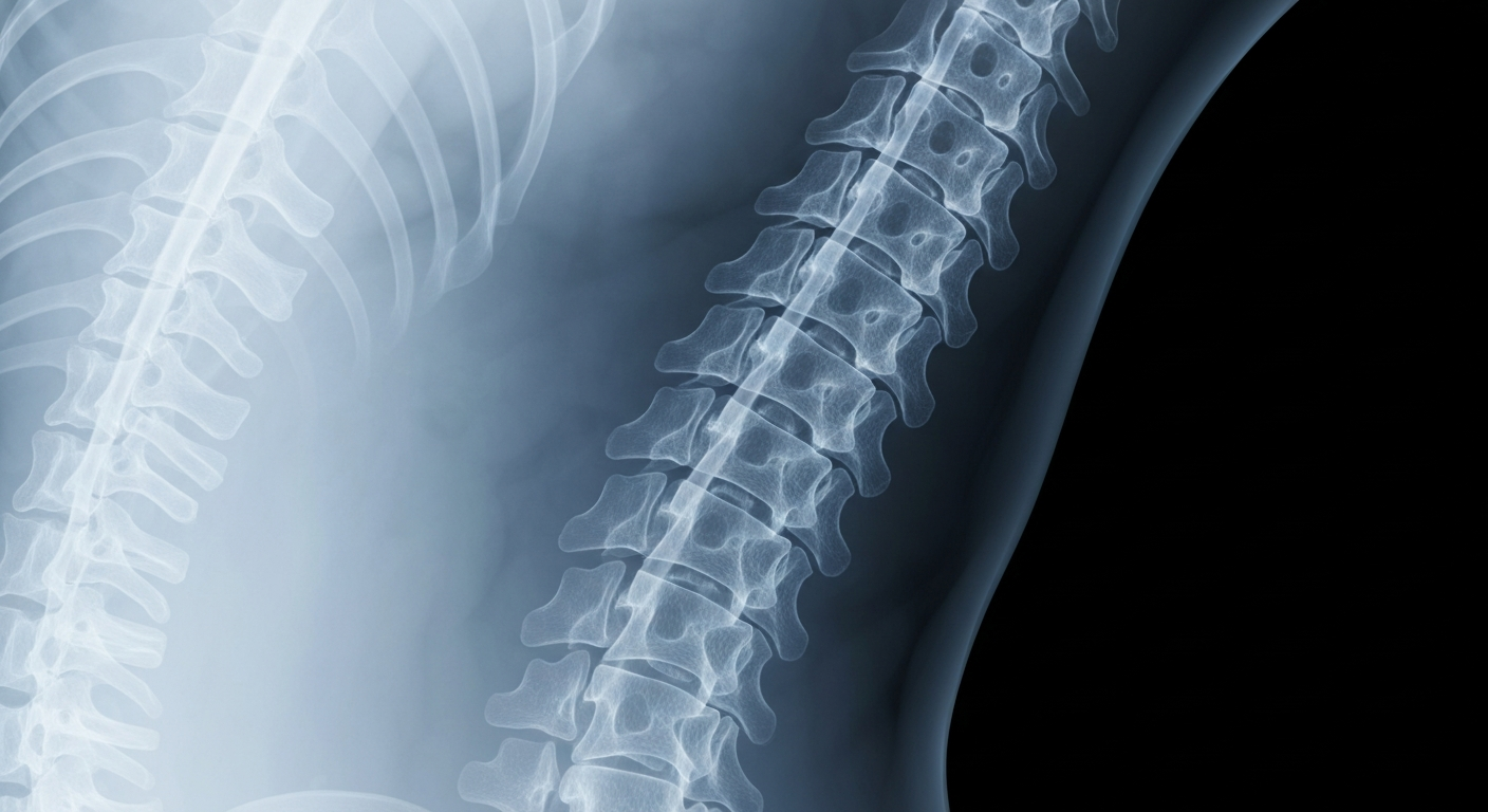 A detailed, ghostly X-ray image of a human spine, conveying the complex biomechanical disruptions that can occur from a car accident.