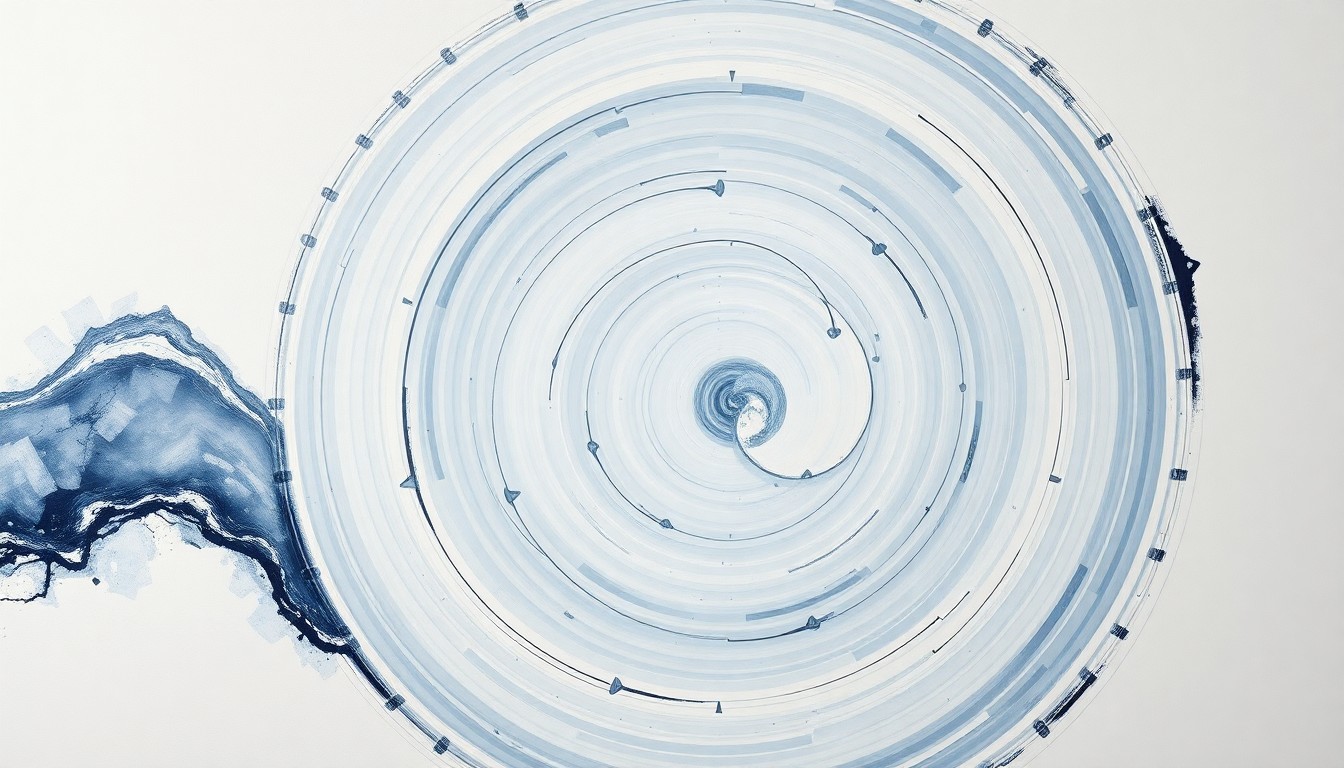 A highly structured abstract painting in soft blues, greens, and grays, featuring sweeping geometric arcs, concentric circles, and precise botanical spirals, conceptually representing the precise, non-abrasive nature of the dry ice blasting process for aerospace surface preparation.